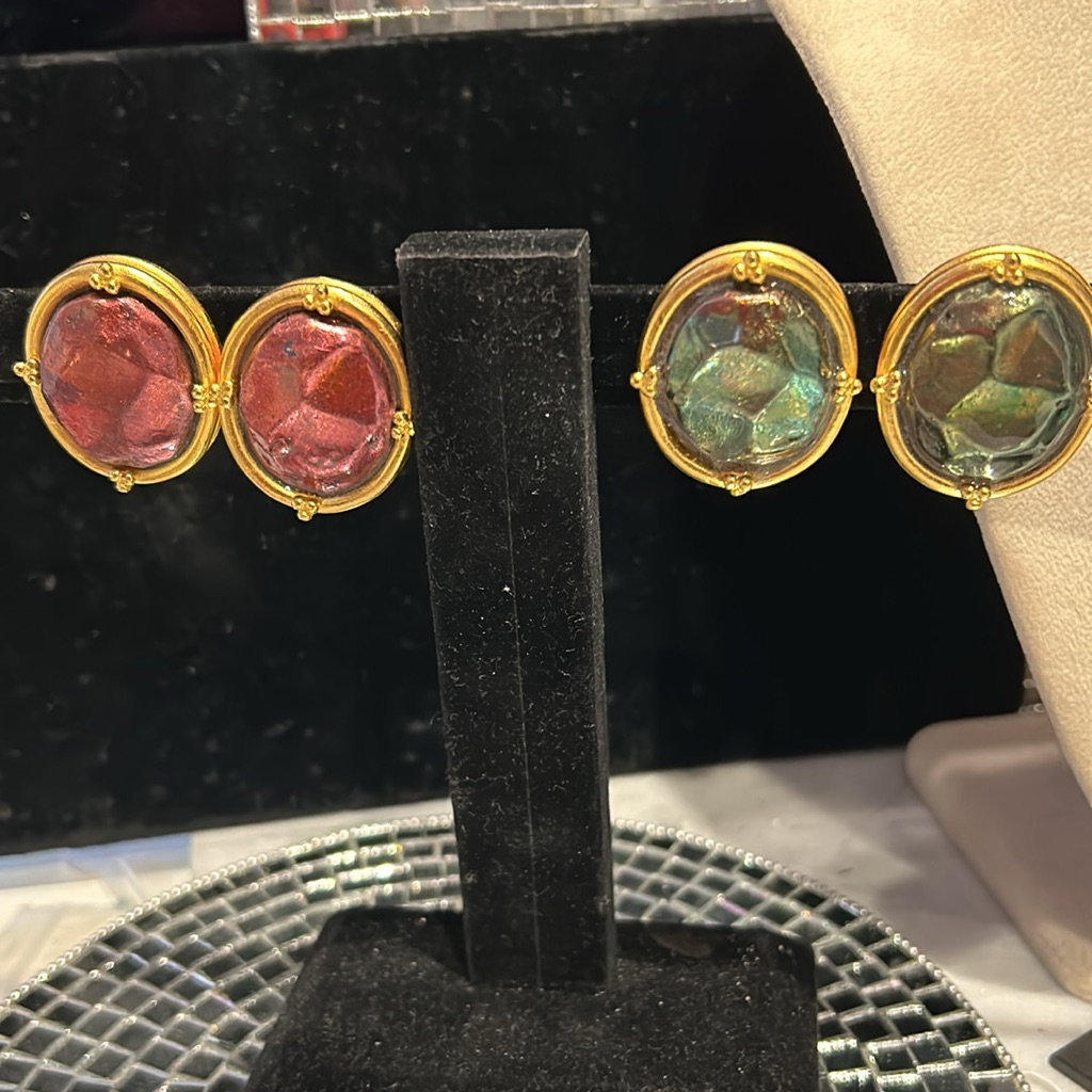 Vintage Mermaid Green Or Iridescent Pink/Purple Large Button Earrings-Boutique